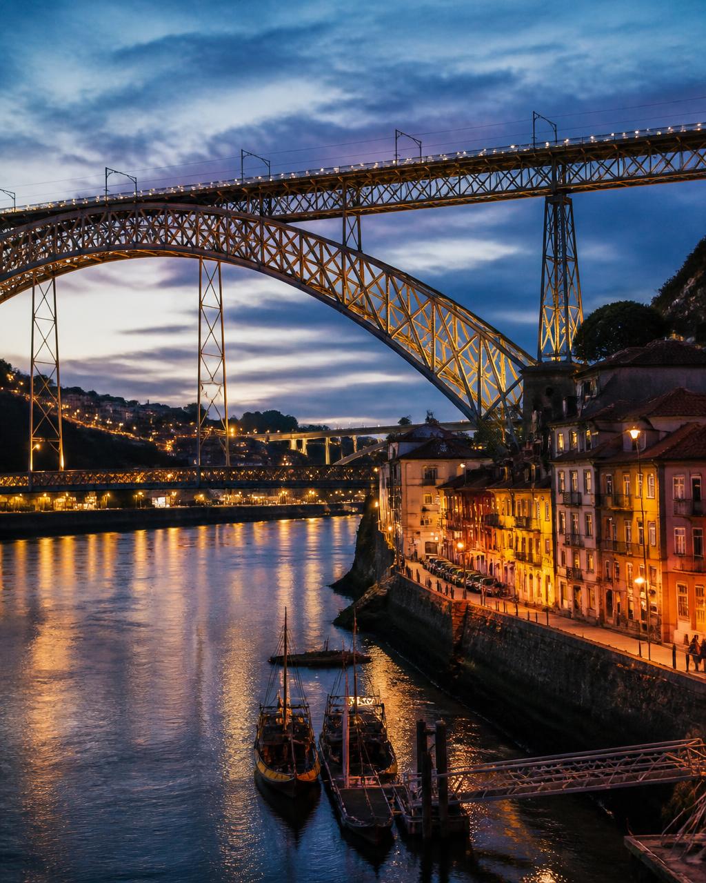 Porto, Portugal — Ponte Dom Luís I e a Ribeira ao anoitecer